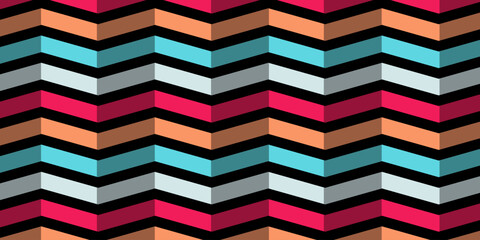 Colorful zigzag geometric pattern with bold red, blue, orange, and gray stripes on a black background.