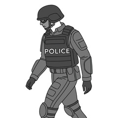 A person is wearing full tactical police gear, including a helmet, body armor labeled 