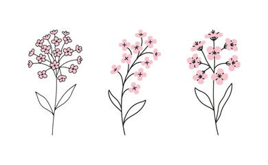 Continuous line art drawing of three delicate small pink flowers, floral, botanical, and minimalist nature vector illustration.