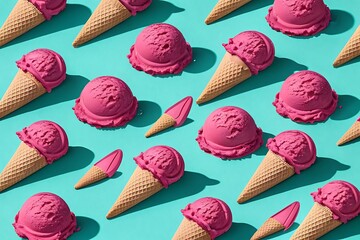 Vibrant Pink Ice Cream Cones and Scoops Pattern on a Turquoise Background Whimsical Summer Treat Delight