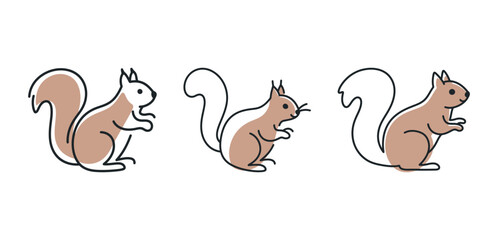Continuous line art drawing of three cute squirrels with brown and white coloring, forest animal and minimalist wildlife vector illustration.