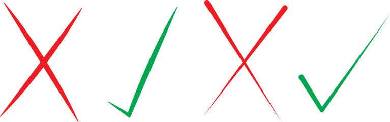 Green Tick Mark Icon. Green Right or Red wrong icons. Green tick and red cross checkmarks in circle flat icons. 