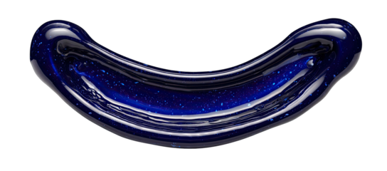 Glossy dark blue curved object with tiny light specks on a black background