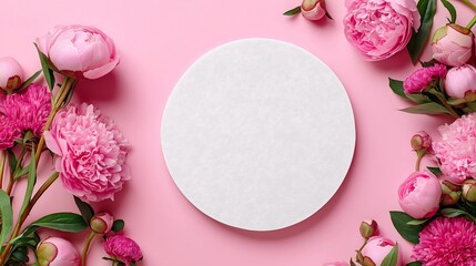 Mother's Day concept. Top view photo of white circle and natural flowers pink peony rose buds on isolated light pink background with empty space. International Woman Day, Valentine Day