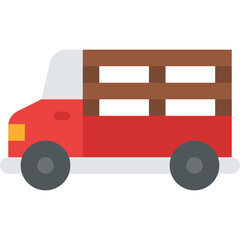 Red Flat Style Truck With Wooden Bed On White Background