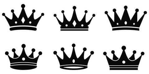 Crown Icon Vector Set – Royal Black Silhouettes of King and Queen Crowns, Hand-Drawn Doodle Crown Collection for Luxury and Authority Designs