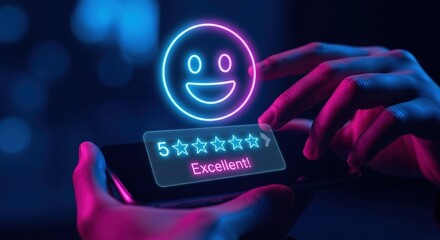 Hands using smartphone showing 3D holographic smiling emoji and 5-star rating interface, feedback system UI concept, deep neon blue and magenta lighting
