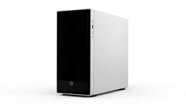 A minimalist white desktop computer tower with a sleek black front panel and power button