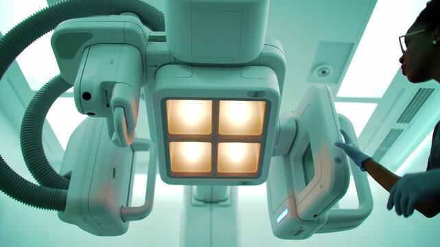 Medical Professional Adjusting Ceiling Mounted X-Ray Machine in Hospital Room