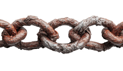 Obraz premium Three weathered, rusty iron chain links isolated on a stark black background
