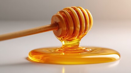 Close-up of wooden honey dipper covered in golden honey resting on smooth white surface with warm natural light, showcasing sweet organic texture and golden syrup richness