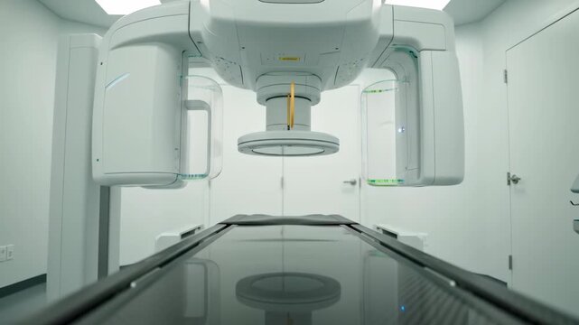 Modern White Medical Linear Accelerator Machine in a Sterile Treatment Room