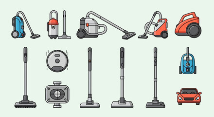 Obraz premium A collection of various vacuum cleaner designs and a car illustration, isolated on a light green background.