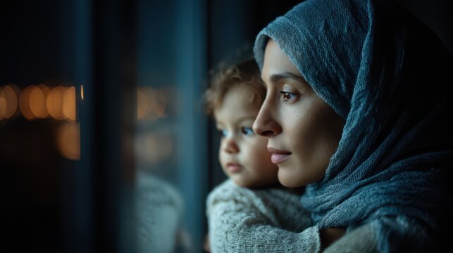 Tender moment of mother in blue hijab holding her child while gazing thoughtfully out the window at night, illuminated by soft light symbolizing love, protection, and quiet reflection - Powered by Adobe
