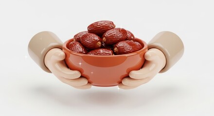 Cartoon hands holding a terracotta bowl filled with delicious dates for ramadan celebration