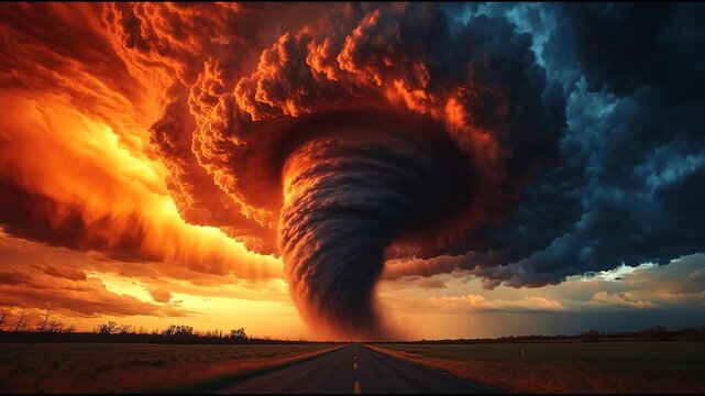 Massive tornado under dramatic storm clouds at sunset, surreal natural disaster scene with fiery orange and dark blue sky contrast  