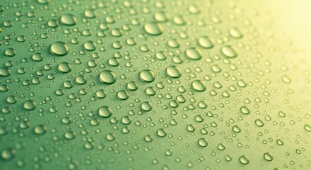 Macro view of clear water droplets on a vibrant green surface, fresh and clean