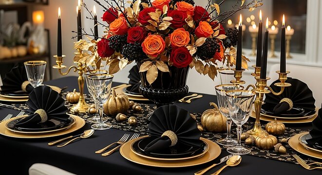Elegant autumn table setting with black and gold decor for a sophisticated dinner party