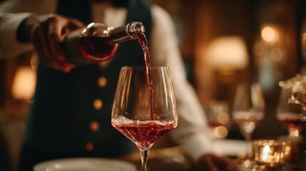 Server in elegant vest pouring red wine into glass in softly lit restaurant with candles and warm decor, conveying fine dining sophistication and intimate luxury evening experience