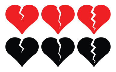 Broken Heart Silhouette and Cracked Love Icons in Black and White.