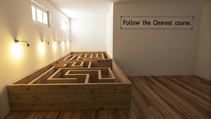 Wooden maze in softly lit uncluttered room offering direction