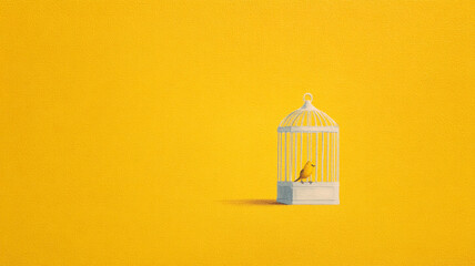 A bird flies away from an old, ornate birdcage, symbolizing freedom and hope against a dark background, standing on a rustic wooden table for a vintage feel.