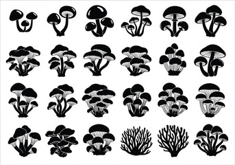 Collection of diverse black and white mushroom illustrations in various shapes and sizes for artistic design elements