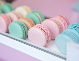 Colorful pastel macarons in rows