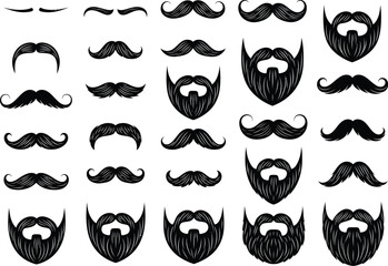 Collection of hand drawn black and white mustache and beard styles for men in various shapes and sizes