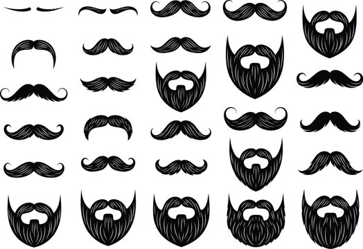 Collection of hand drawn black and white mustache and beard styles for men in various shapes and sizes