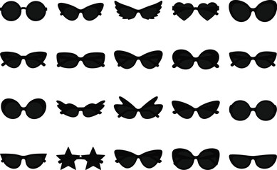Fototapeta premium Collection of silhouettes of various fashionable sunglasses and eyewear styles on a white background
