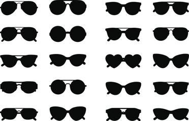 Collection of various stylish sunglasses and eyewear silhouettes on a white background for fashion and summer themes