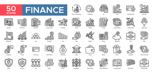Finance collection set. Return On Invstment, Loss, Income Growt, Consulting,Finance, Analytic Sesrch , Money, Accounting, icon. Simple outline vector illustration