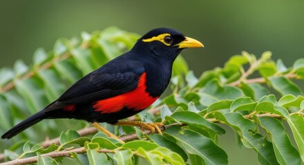 Fototapeta premium A Vibrant Black and Red Bird with a Yellow Eyebrow and Beak Perched on a Green Leafy Branch in Natural Sunlight