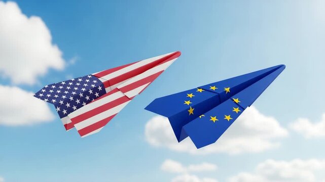 Paper airplanes with usa and eu flag flying in the sky
