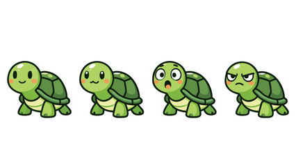 Set of cute cartoon tortoise characters showing various expressions and walking poses