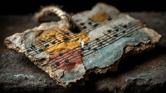 Abstract art piece featuring musical notes and colorful paint on a textured surface. - Powered by Adobe