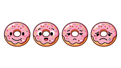 Set of four cute pink donut characters with different happy, winking, and sad expressions