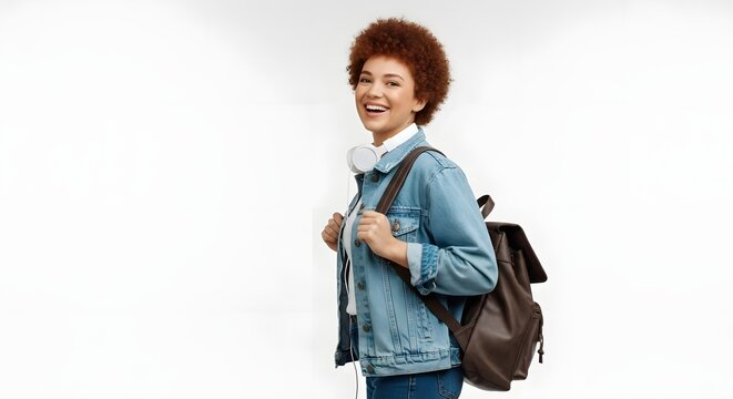College student with backpack smiling on white wall - Powered by Adobe