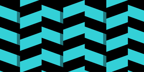Seamless 3D geometric chevron pattern with turquoise blue zig-zags on a black background, creating an optical illusion of depth.