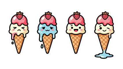 Set of four melting cartoon ice cream cone characters showing various happy and sad expressions