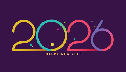 2026 new year colorful text clipart design. Happy new year greeting calligraphy and typography with multicolored abstract 2026 clip art in violet background vector illustration. 
