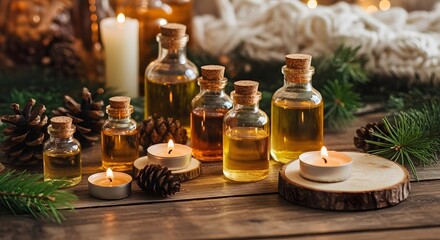 Essential oils and candles for aromatherapy spa day