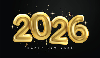 Happy New Year 2026 gold numbers clipart design. Happy new year greeting text with 2026 gold, shiny, glossy and elegant clip art logo in black background vector illustration.