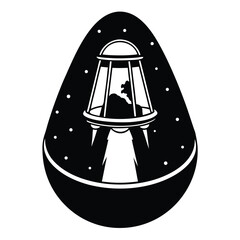 Black silhouette of a U F O descending with a beam of light