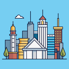 Fototapeta premium Minimalist cityscape buildings with architectural outlines and cloud