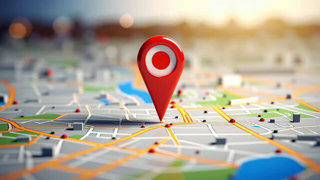 3D rendered map with red location pin marker on blurred city map background, symbolizing navigation and geolocation concept with focus on travel direction.