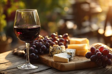 Glass of red wine placed on rustic wooden table beside fresh grapes and gourmet cheese platter representing food and lifestyle indulgence elegant dining and culinary sophistication celebration concept