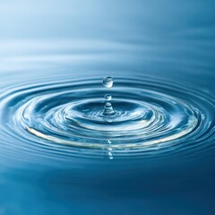 Close up of water droplet splashing into calm pool creating concentric ripples spreading in perfect circles, minimalist blue background highlighting clarity and purity wellness health concept.