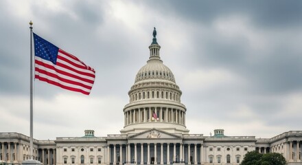 Majestic Capitol Building Underneath a Dramatic Cloudy Sky Showcases a Waving American Flag Symbolizing Freedom and Democracy